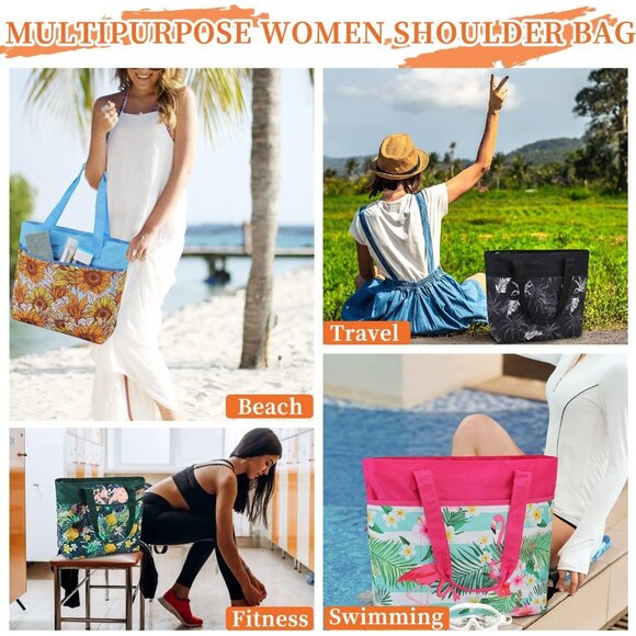 Women's Blue Sun Flower Large Lightweight Zipper Travel Totes Separation Bags - Picture 7 of 7